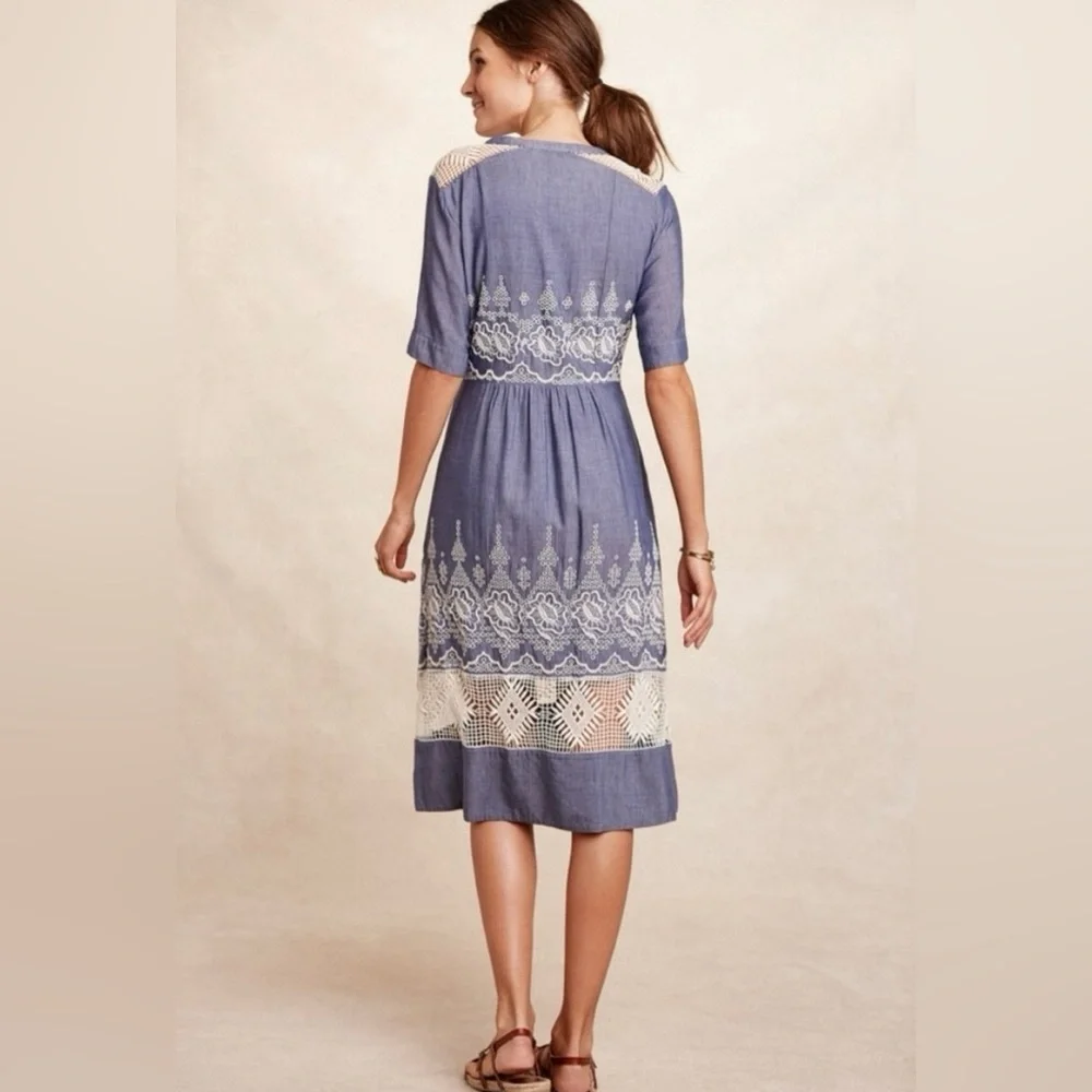 Anthropologie Moulinette Soeurs Blue and White Embroidered Waters Midi Dress Sz4 - Picture 9 of 10